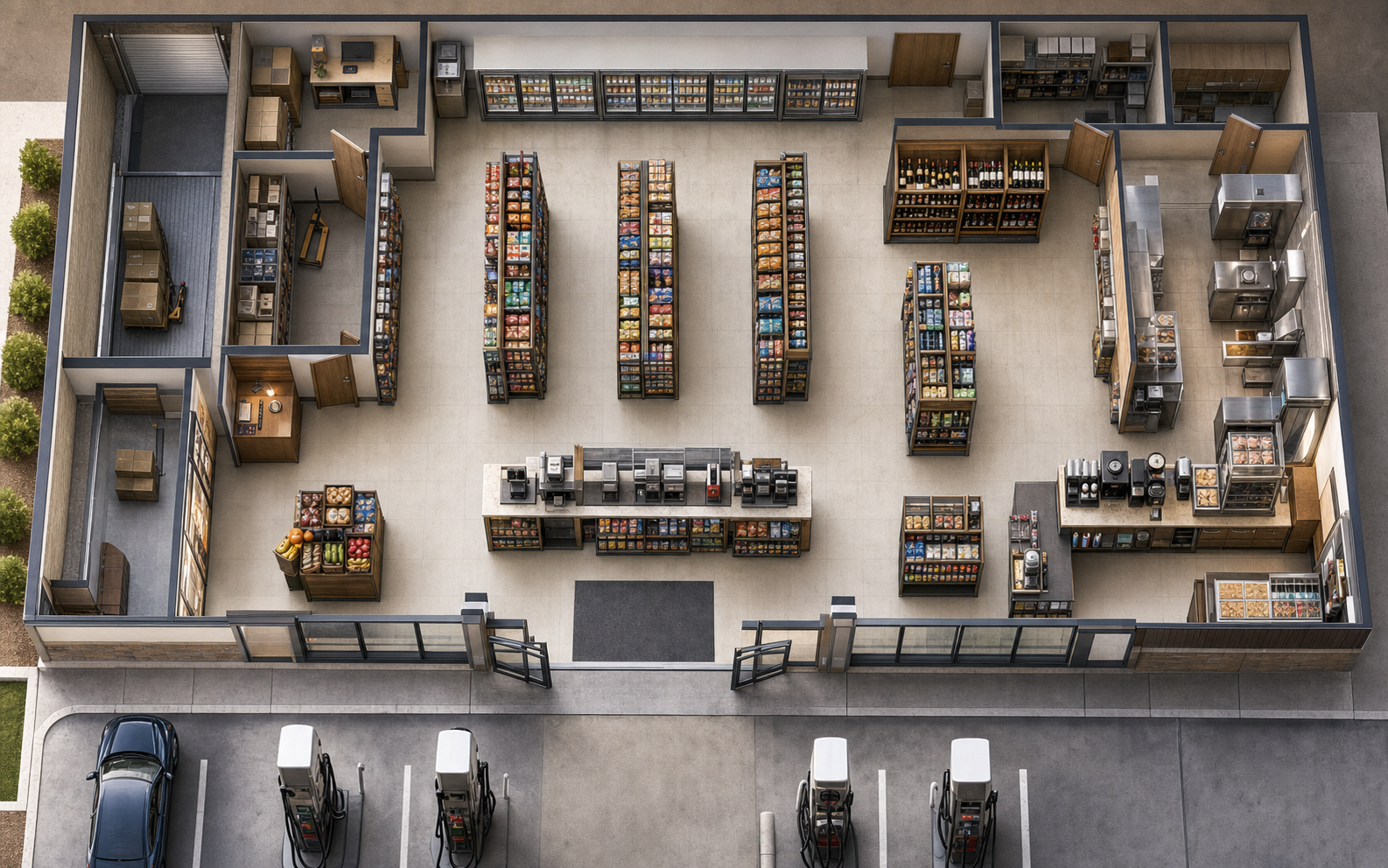 Top-down rendering of a full convenience store with forecourt, aisles, cold vault, foodservice, checkout, and back rooms